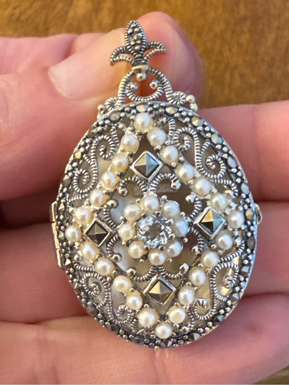 Vintage 925 Sterling Silver Marcasite Pearl Locket Pendant Gothic 1.75” - Picture 2 of 15